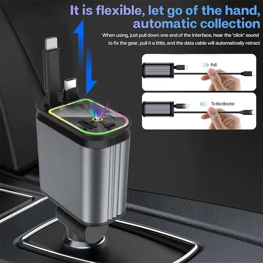 4 in 1 Retractable Car Charger Starlight in Car Roof 100W USB Type C Ports Super Fast Car Phone Charger Adapter for Iphone